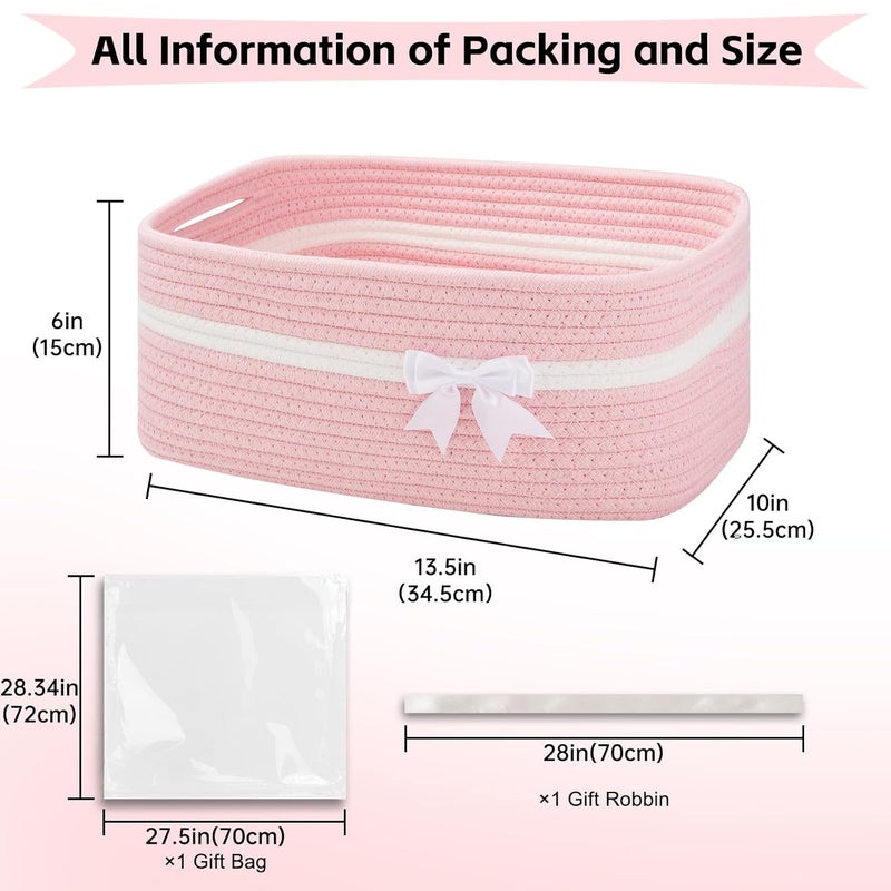 OIAHOMY Large Woven Storage Basket with Handles for Nursery Living Room Shelves, Bow Basket for Gifts Empty with Gift Bags and Ribbons for Baby Showers Pet Toy Bin - Pink - Image 2
